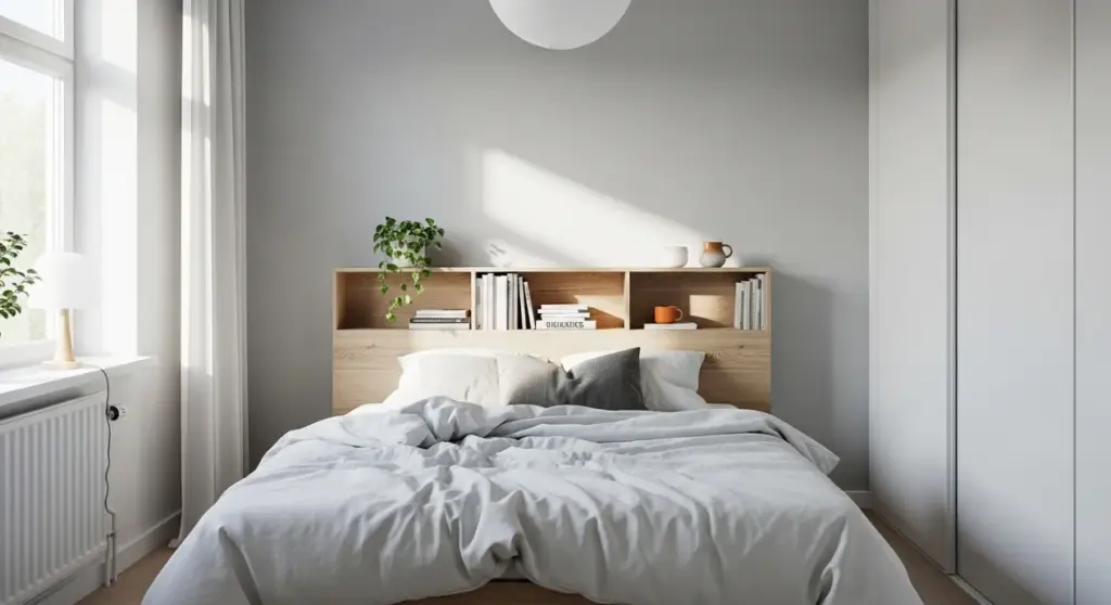 Tête de lit avec rangements pour les livres