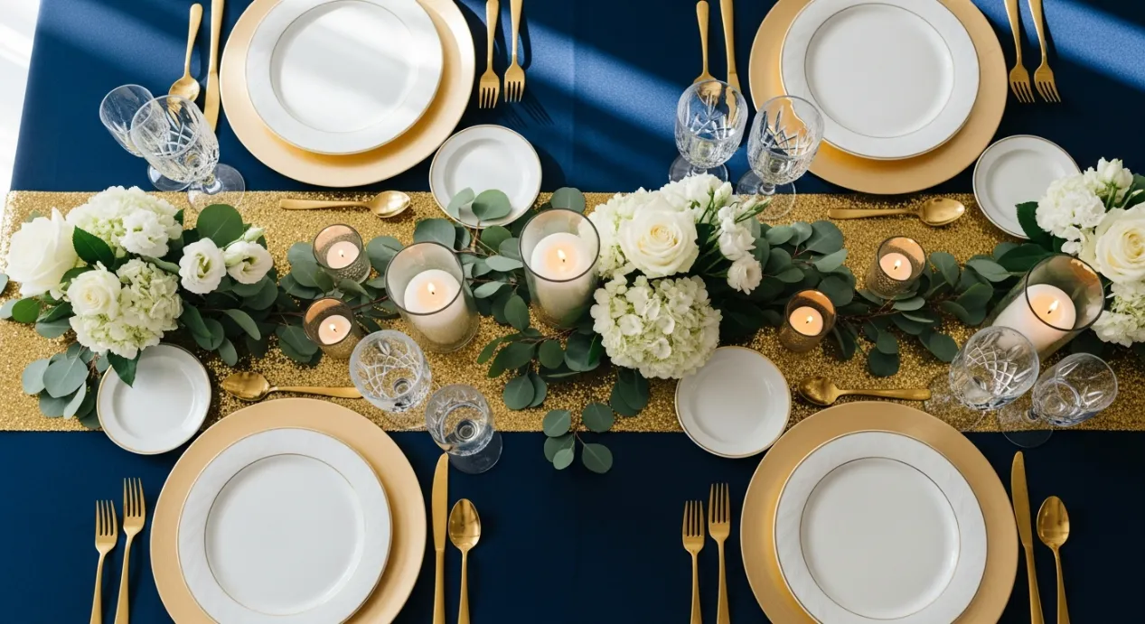 Table décorée avec les couleurs or et bleu