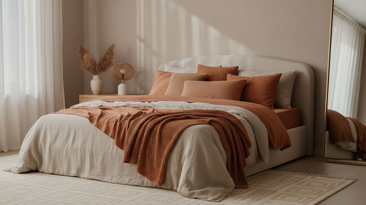 Lit, coussins et couette beige et terracotta