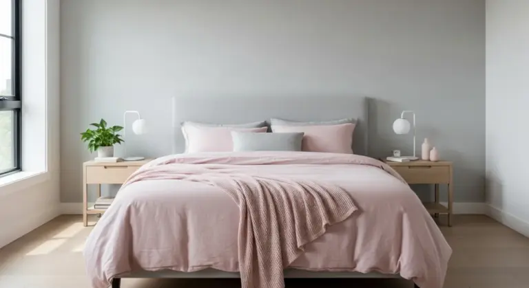 Chambre grise et lit rose poudré