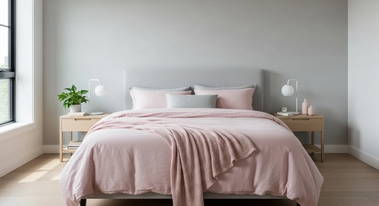Chambre grise et lit rose poudré