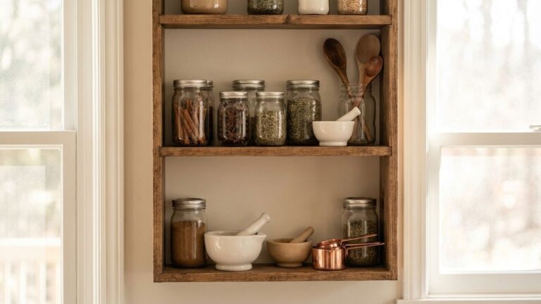 Etagère en bois dans une cuisine blanche