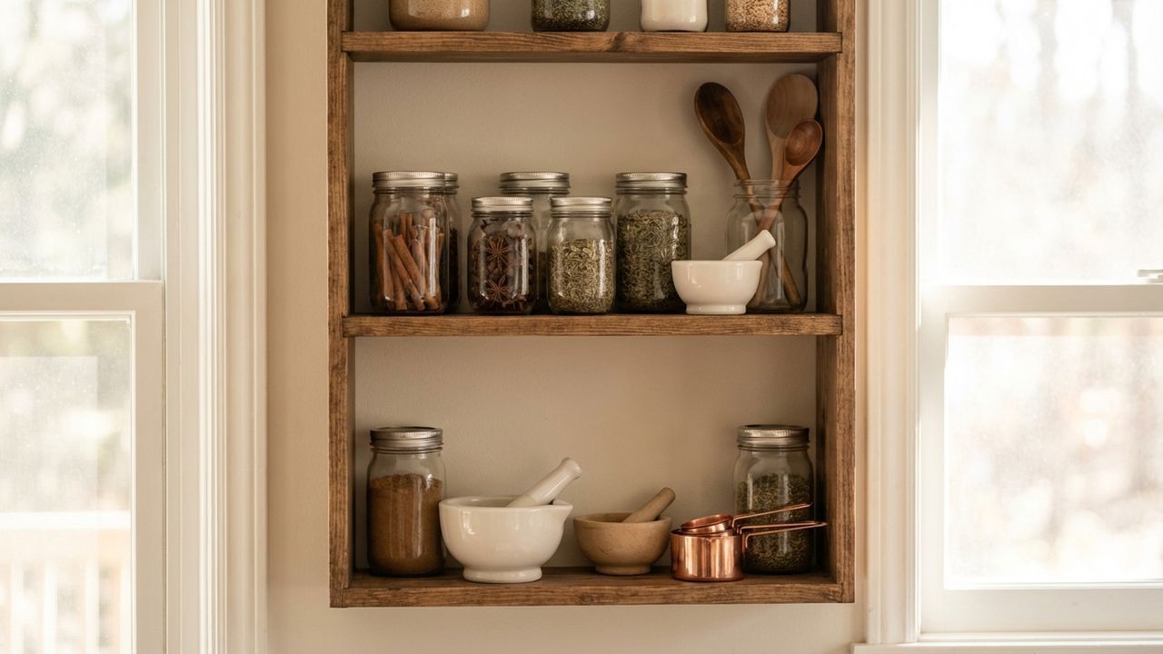 Etagère en bois dans une cuisine blanche