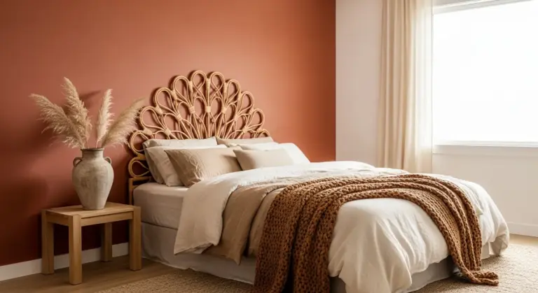 Belle chambre avec la couleur terracotta et du rotin
