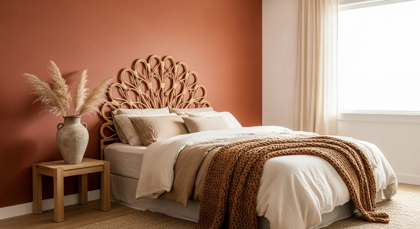 Belle chambre avec la couleur terracotta et du rotin
