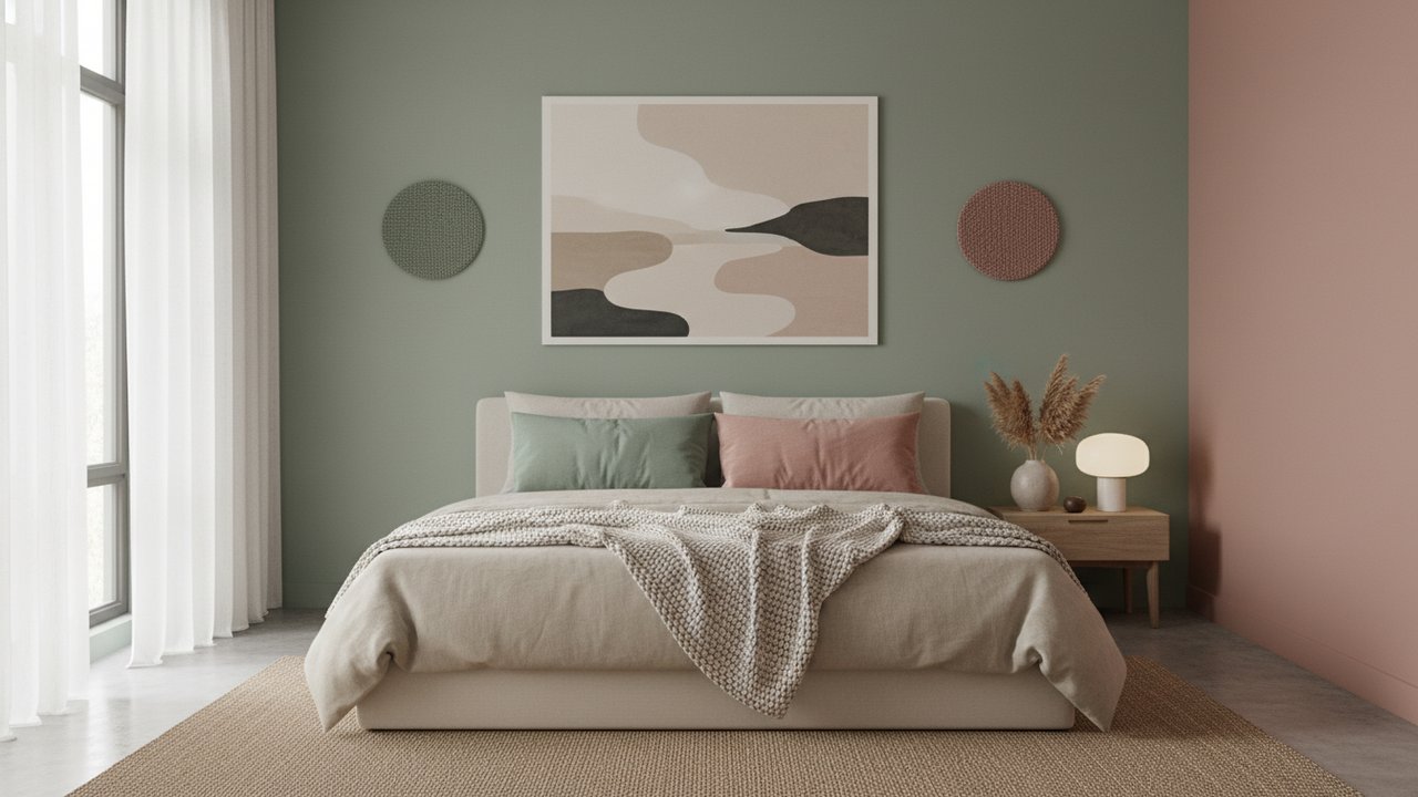 Chambre décorée avec vert sauge et rose poudré