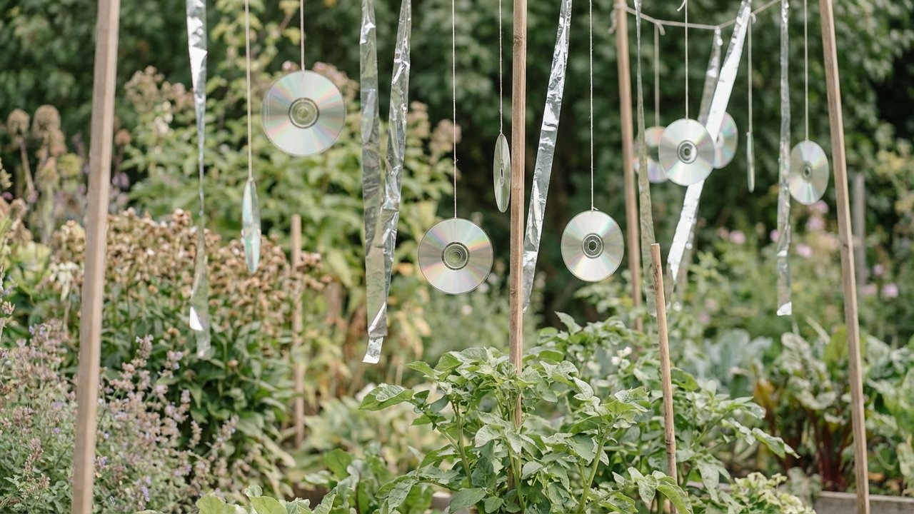 Effaroucheurs visuels et CD suspendus pour repousser les pies du jardin