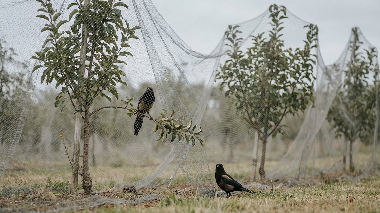 Filet anti-oiseaux protégeant les arbres fruitiers contre les pies