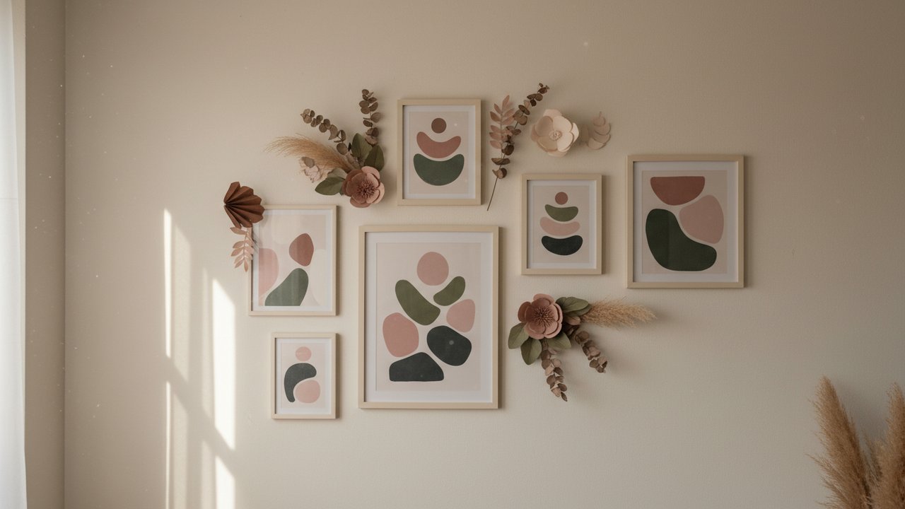 Galerie murale avec impressions en vert sauge et rose poudré