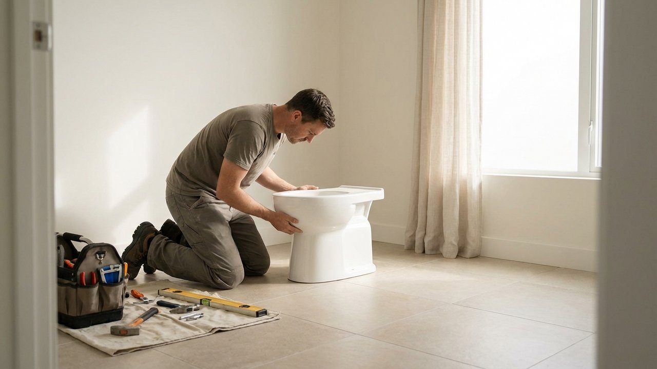 Installation d'un WC neuf sur carrelage de salle de bains