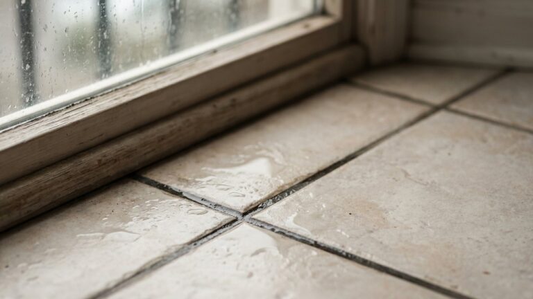 Joint de carrelage humide et foncé par temps de pluie