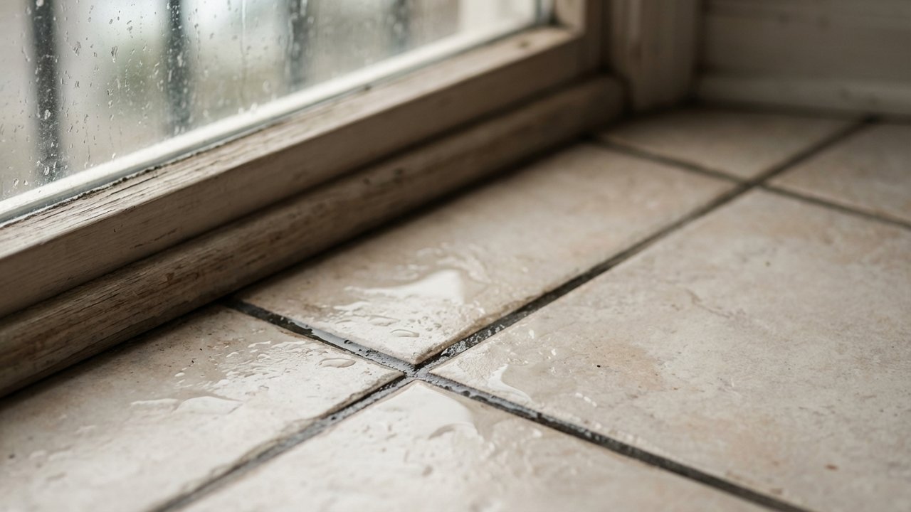 Joint de carrelage humide et foncé par temps de pluie