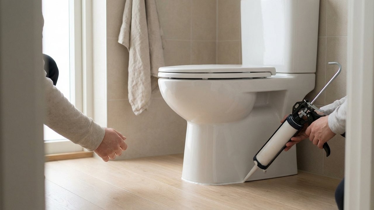 Application du mastic silicone autour de la base d'un WC installé