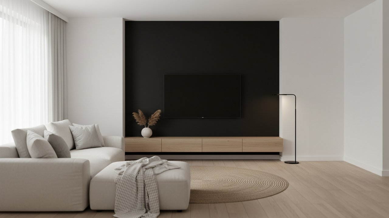 Technique du mur d'accent noir dans un salon noir et blanc