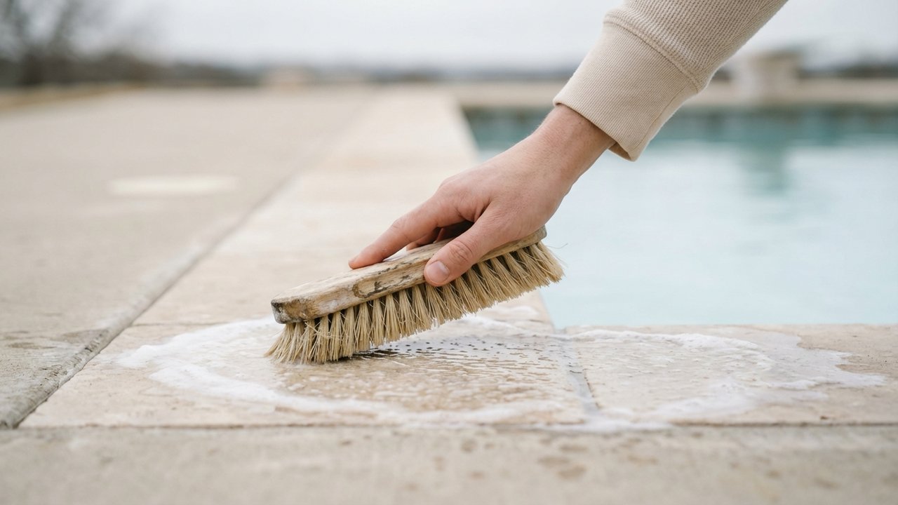 Nettoyage des margelles de piscine avec une brosse douce