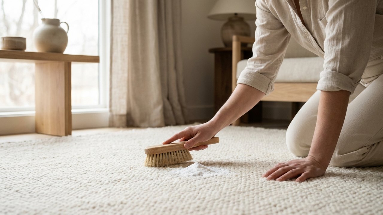 Nettoyage en profondeur d'une moquette avec du bicarbonate et une brosse