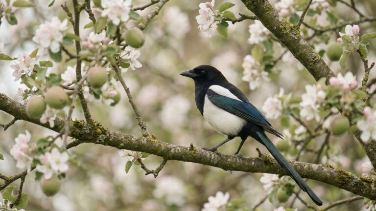 Une pie sur une branche de fruitier dans un jardin
