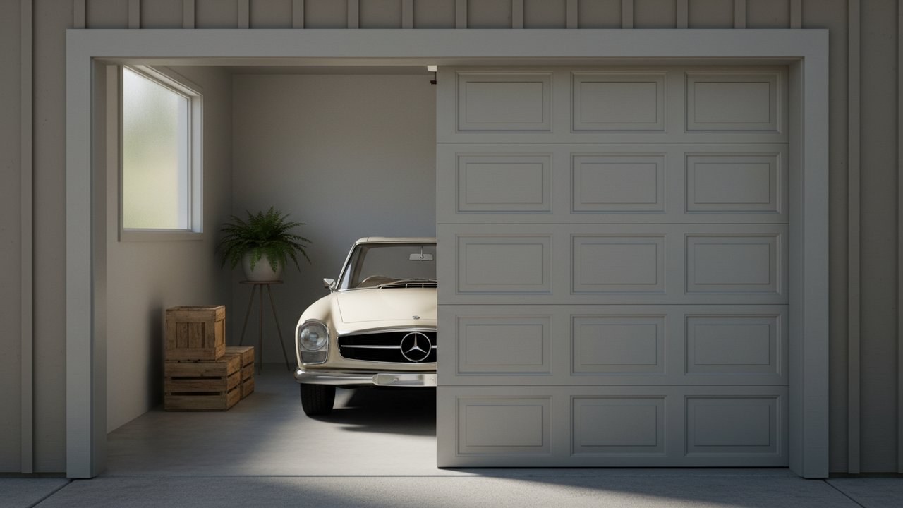 Porte de garage aux dimensions standards avec voiture stationnée