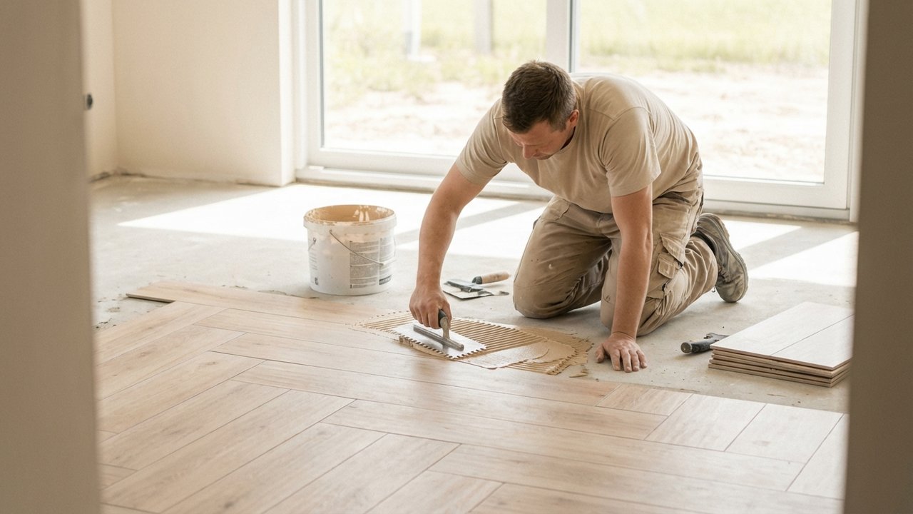 Application de colle à la spatule crantée pour poser un parquet massif sur carrelage