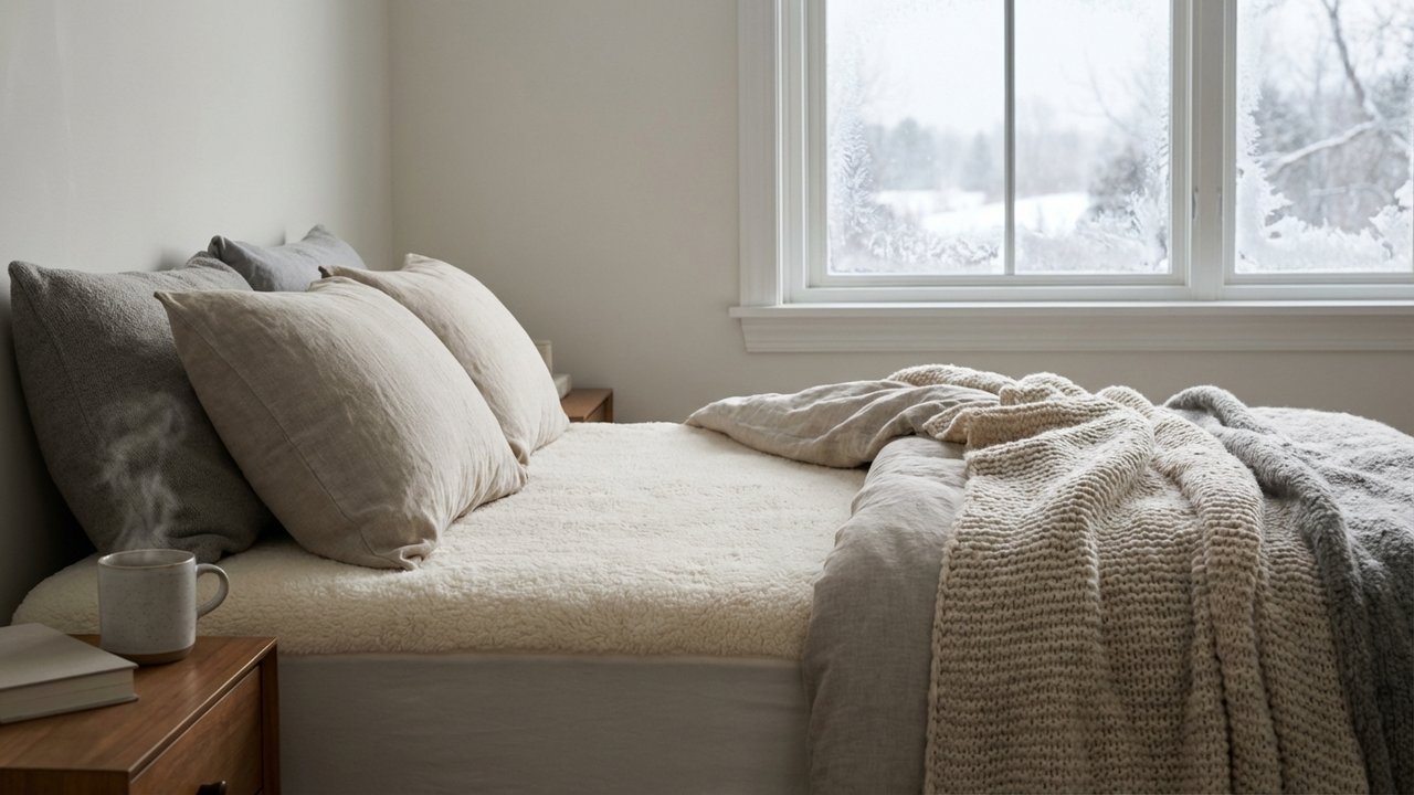 Lit confortable avec protège-matelas molleton dans une chambre froide en hiver