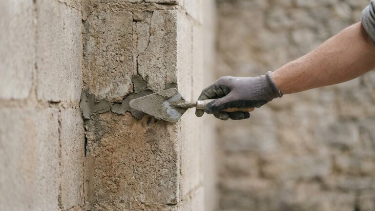 Réparation d'une fissure dans un mur en parpaing avec du mortier