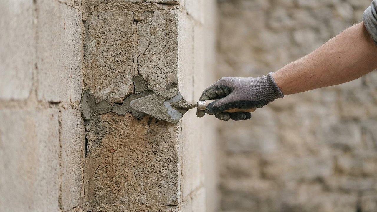 Réparation d'une fissure dans un mur en parpaing avec du mortier