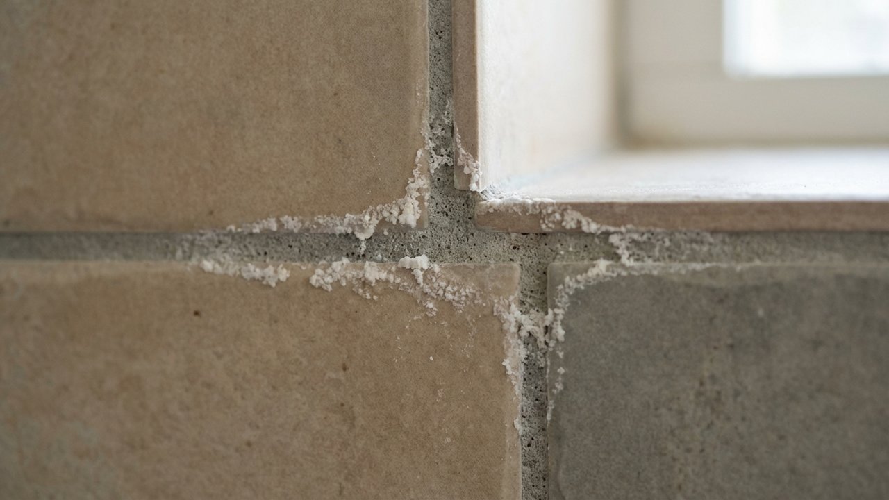 Dépôts blanchâtres de salpêtre sur les joints de carrelage