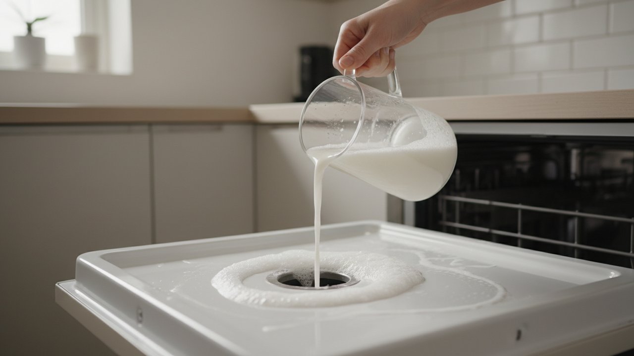 Versement du mélange vinaigre et bicarbonate dans le lave-vaisselle