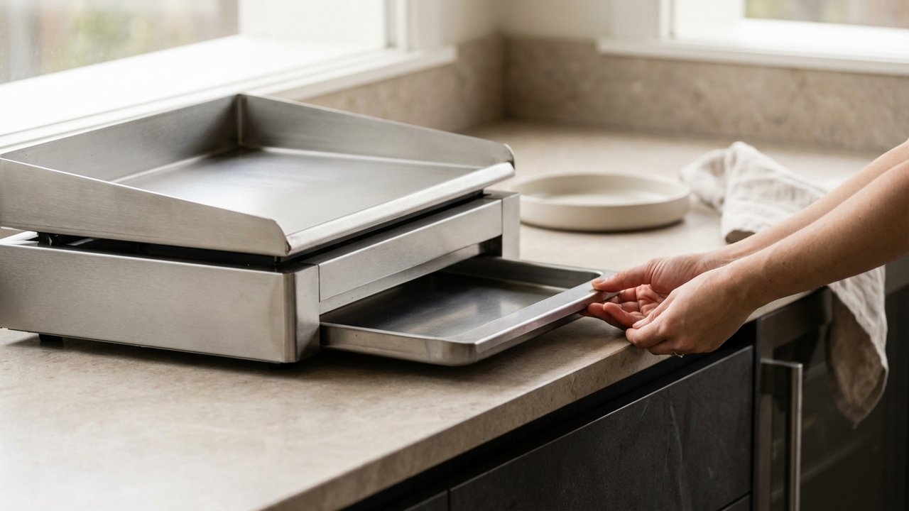Vidage du bac à graisse d'une plancha inox après cuisson