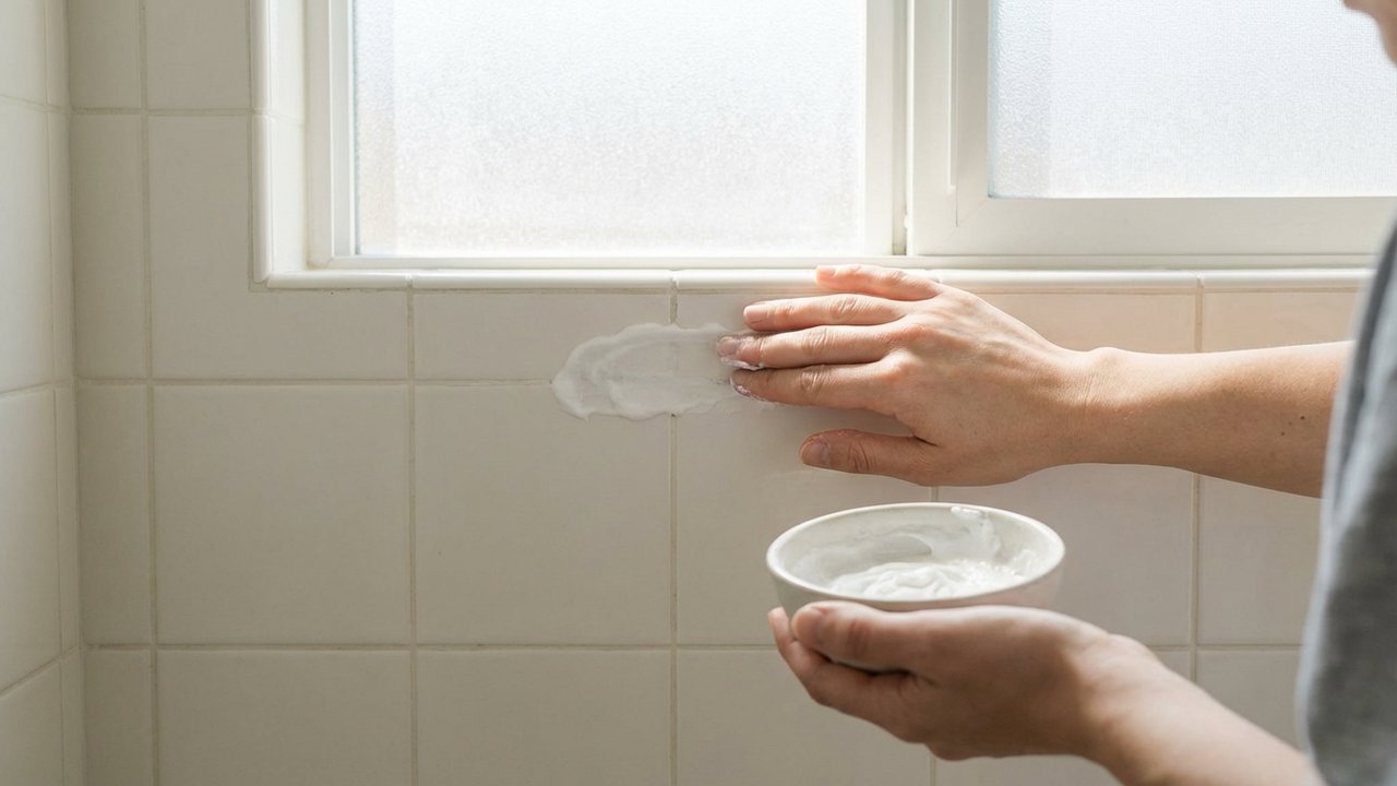 Application de pâte de bicarbonate sur un joint de douche