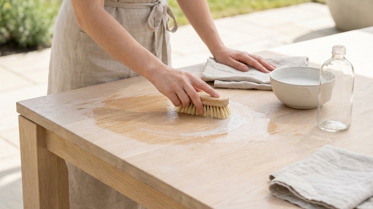 Blanchissement d'un meuble en bois avec une brosse et un produit éclaircissant