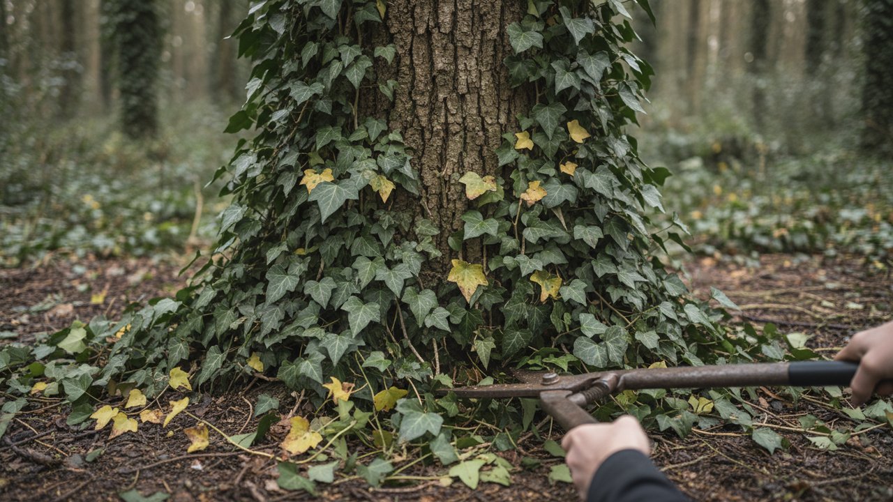 Coupe des tiges de lierre enroulées autour d'un tronc d'arbre