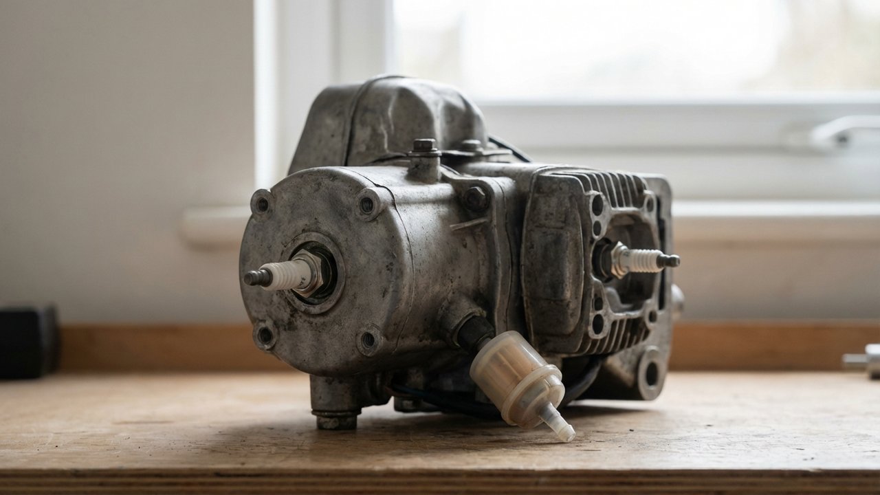 Moteur de débroussailleuse avec bougie et filtre à carburant