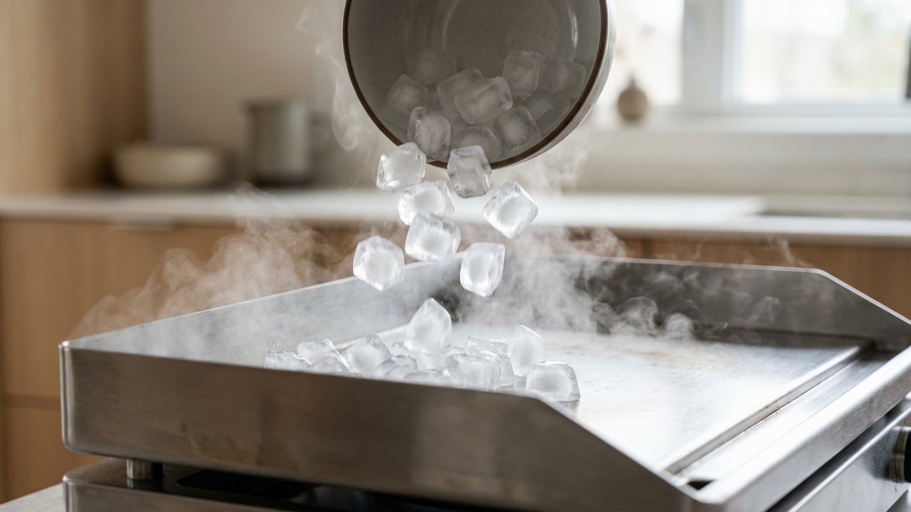 Déglaçage d'une plancha inox avec des glaçons pour enlever les résidus