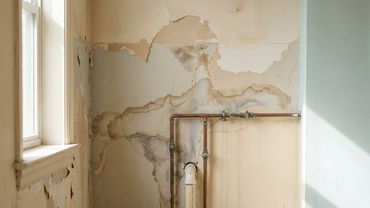 Détection d'une fuite d'eau derrière un mur avec taches d'humidité