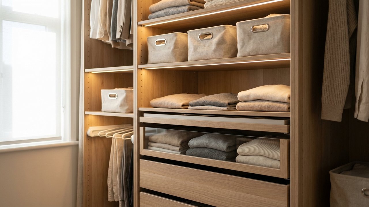 Intérieur de placard bien aménagé avec éclairage LED intégré