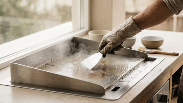 Nettoyage d'une plancha inox avec de l'eau et une spatule