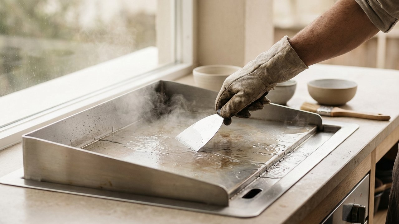 Nettoyage d'une plancha inox avec de l'eau et une spatule