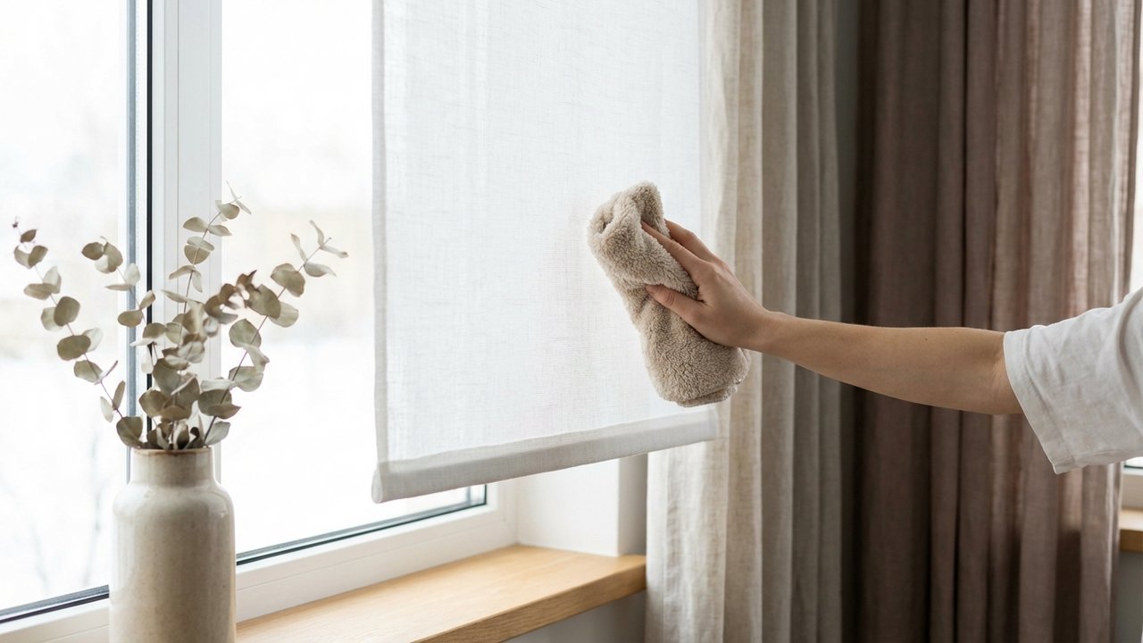 Nettoyage doux d'un store enrouleur blanc avec chiffon microfibre