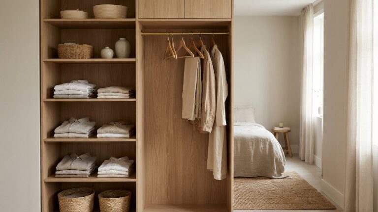 Placard en bois avec étagères et tringle à vêtements