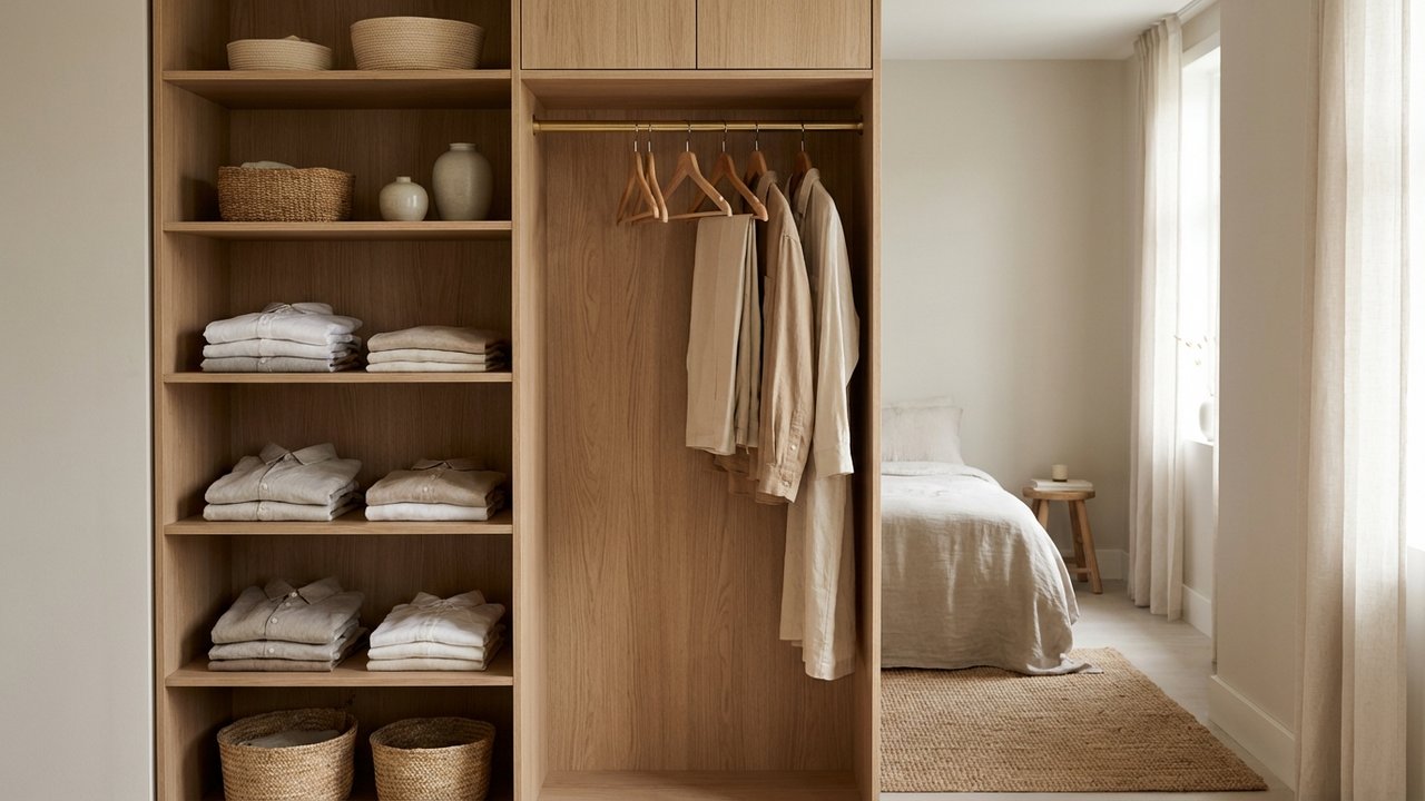 Placard en bois avec étagères et tringle à vêtements