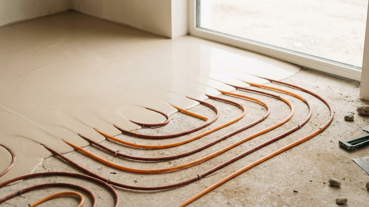 Tubes de plancher chauffant noyés dans une chape anhydrite