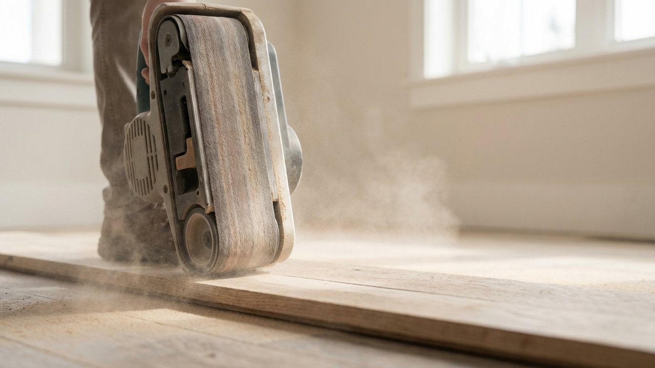 Passage de ponçage au grain 40 pour le décapage du parquet