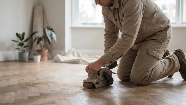 Ponçage d'un parquet en bois avec une ponceuse à bande
