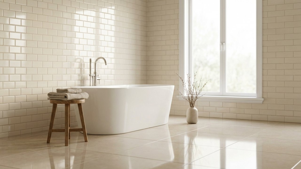 Salle de bain avec carrelage brillant qui reflète la lumière