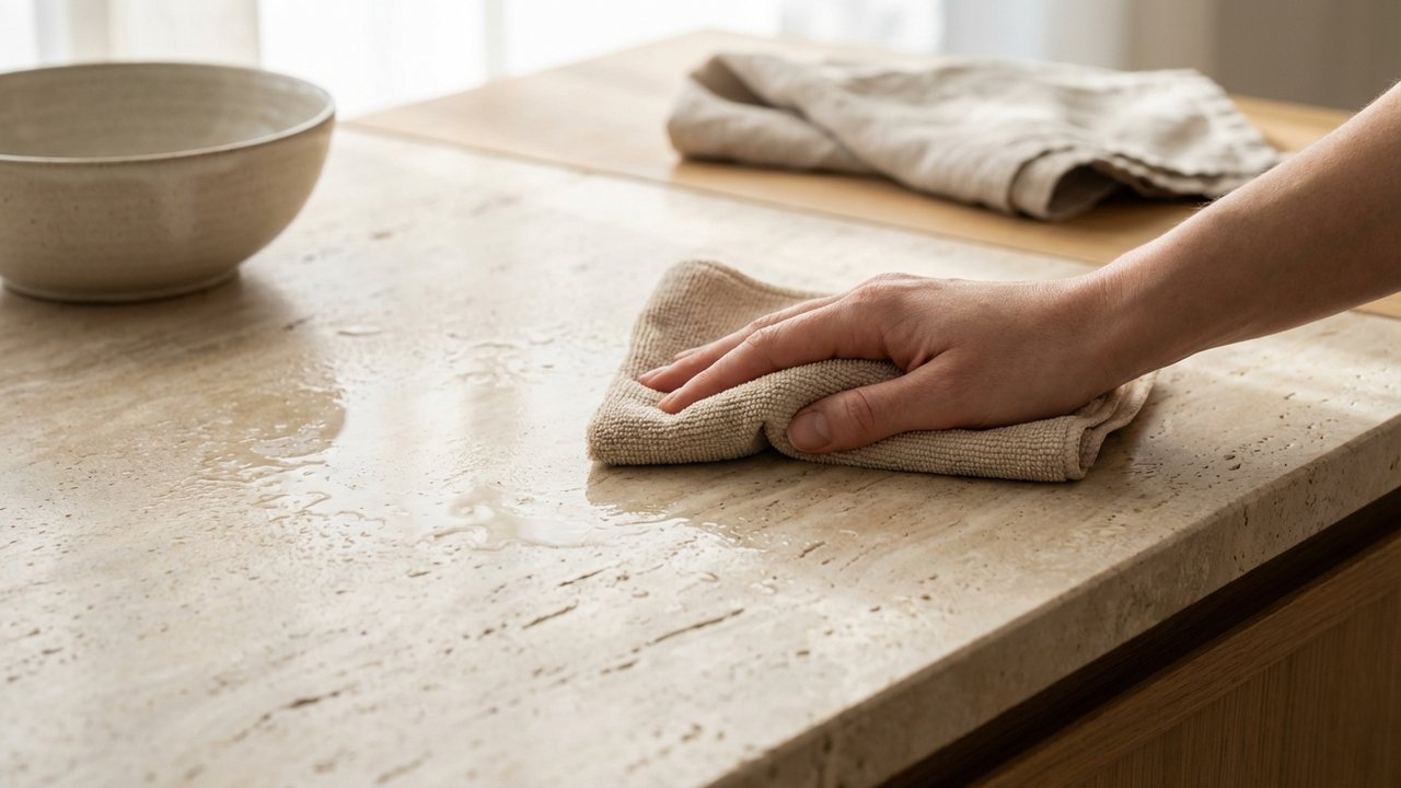 Séchage immédiat d'une surface en travertin avec microfibre