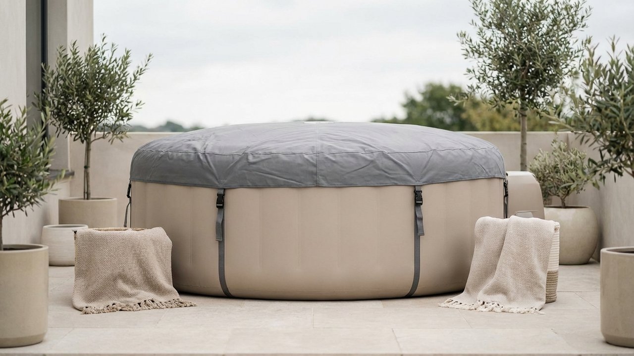 Spa gonflable avec couverture thermique sur un patio extérieur