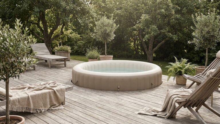 Spa gonflable installé sur une terrasse avec jets de bulles