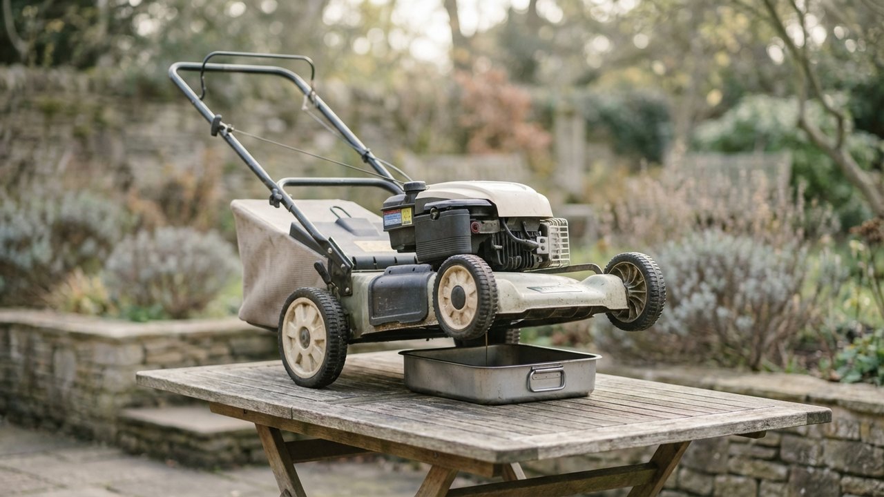 Vidange d'huile d'une tondeuse thermique sur table de jardin