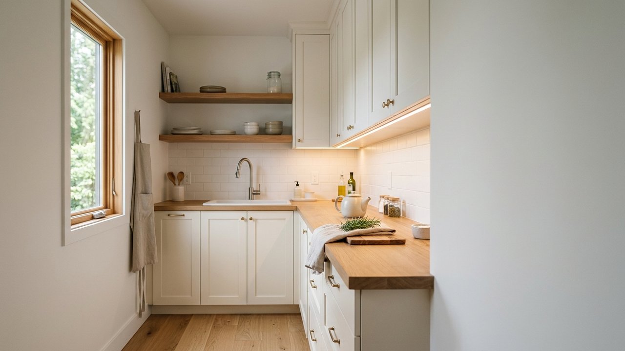 Petite cuisine blanc et bois avec éclairage LED sous meubles